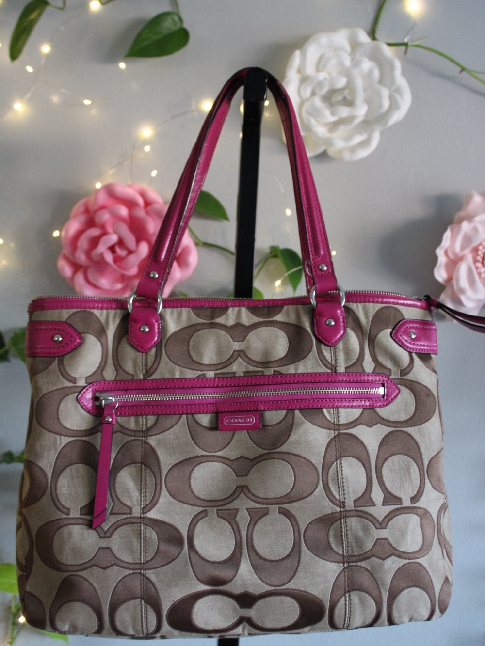 Coach Brown Signature Tote with Pink Leather Trim